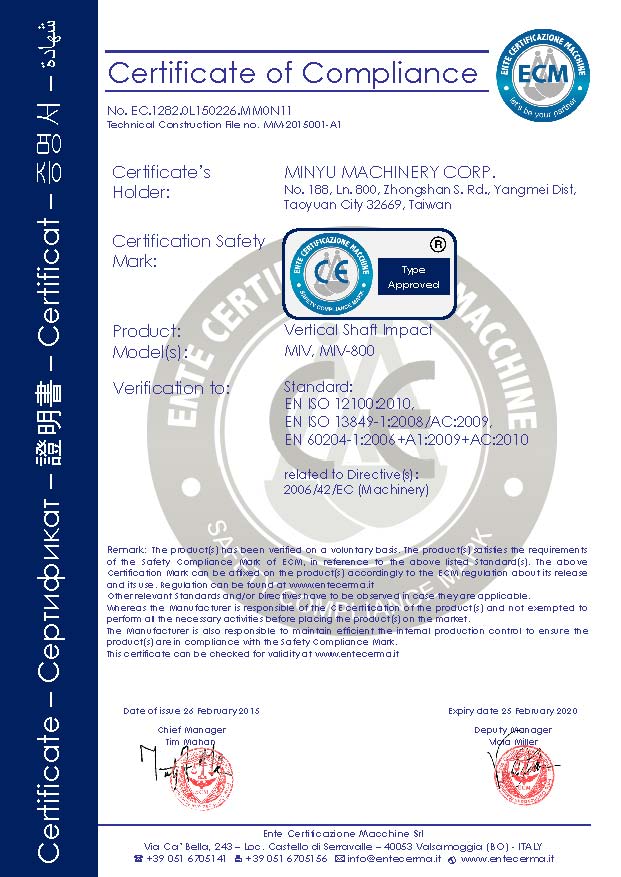 CE Mark for Minyu Vertical Shaft Impactor