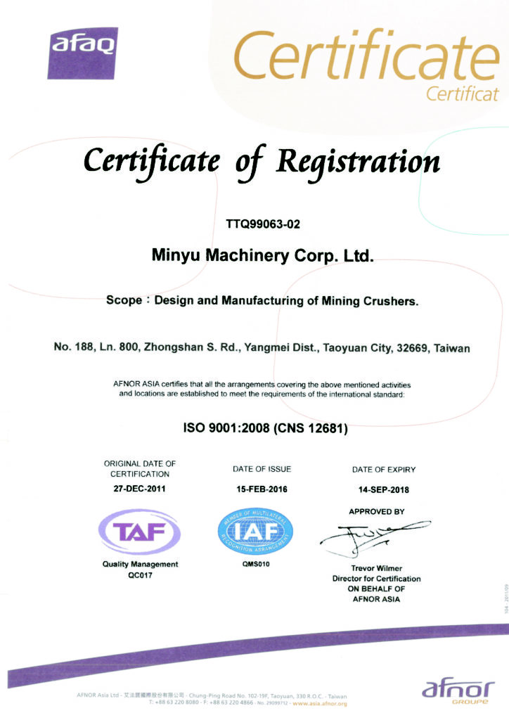 Minyu Machinery Corp ISO 9001-2008