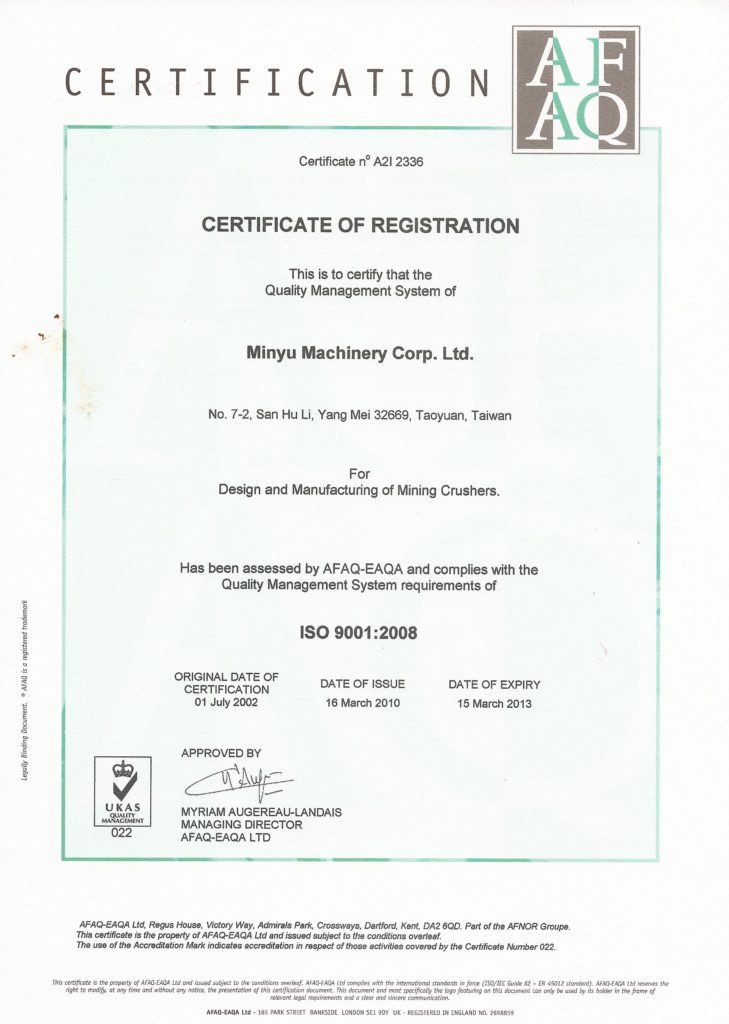 Minyu ISO 9001:2008 Certification